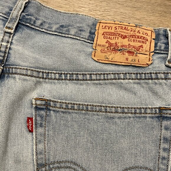 Levis 505 Regular Fit Denim Jeans Shorts 33x9 Blue Distressed Destroyed Jorts - Picture 11 of 12